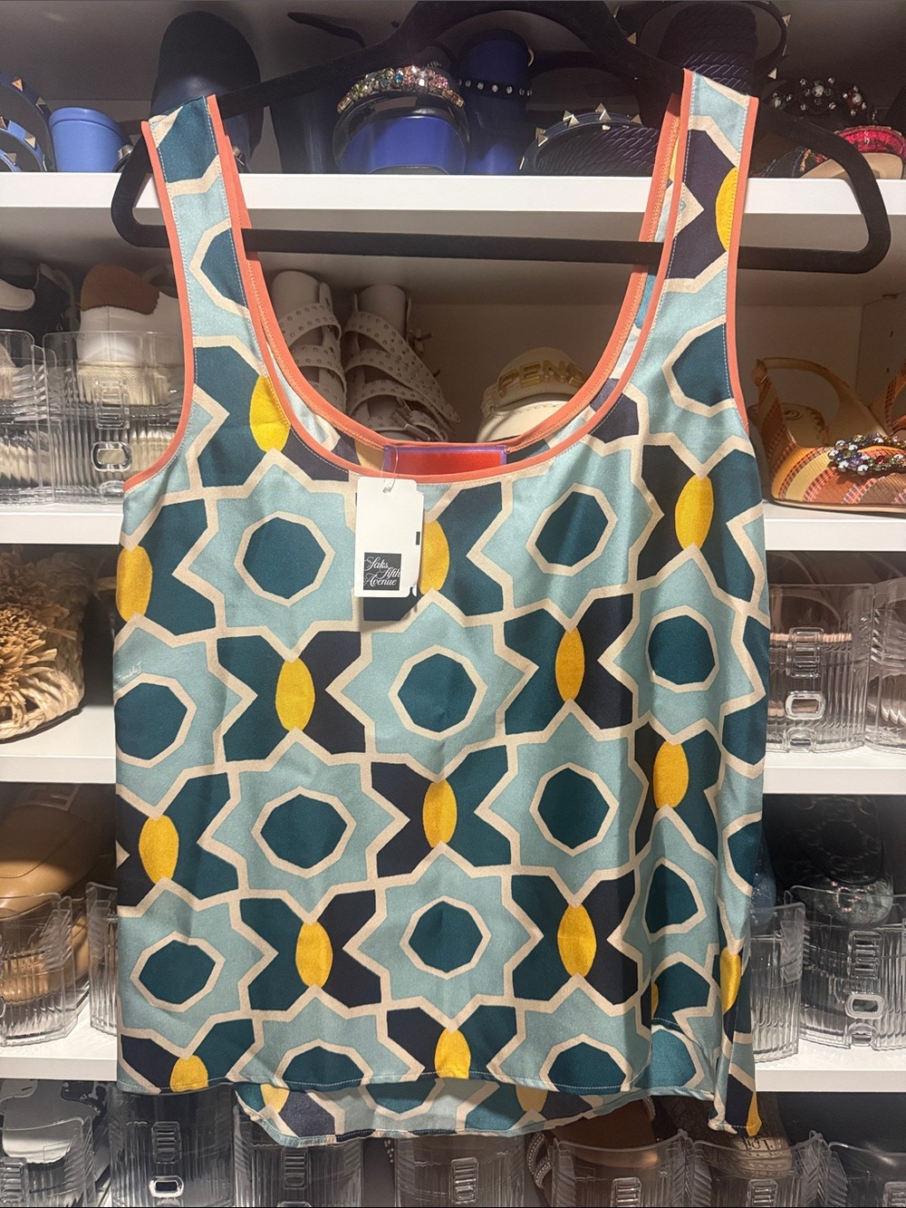 LA DoubleJ Geometric Print Camisole in Teal, Yellow & Coral Trim size small